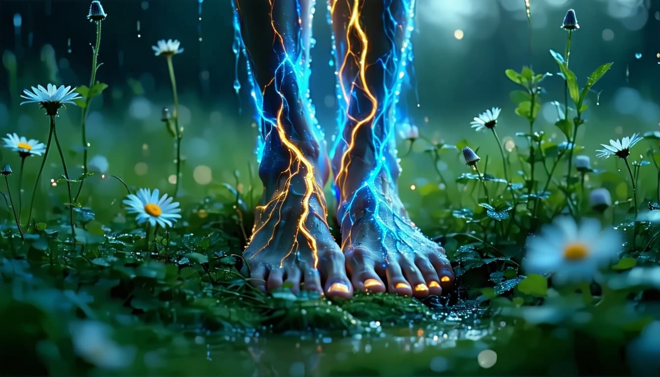 AI generated: Magical-realistic macro close-up of bare feet standing on a dewy meadow at night. Low camera angle, ...