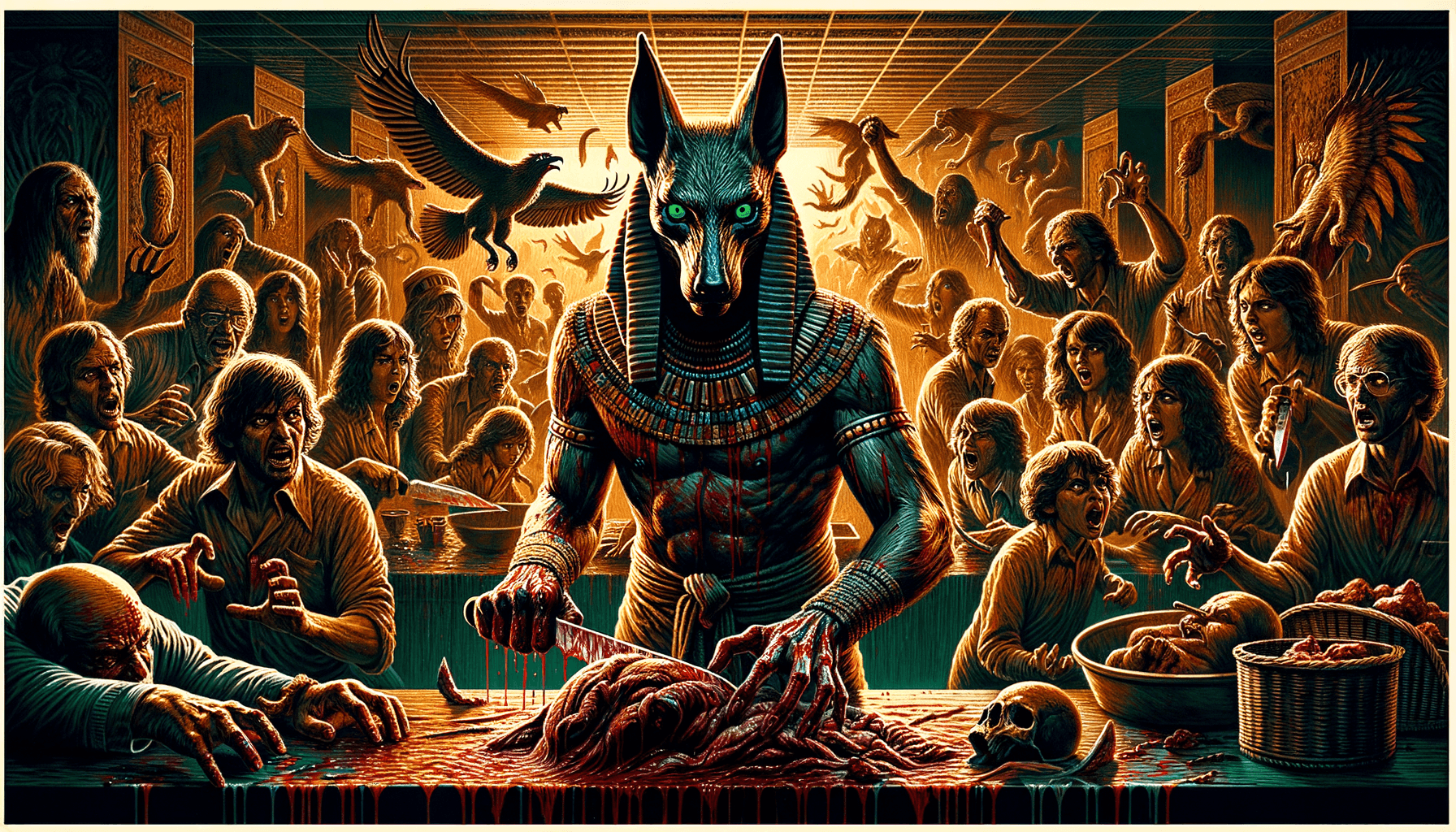 AI generated: come on down to Anubis Meats, home of the Jackal headed butcher, gestures and glances, horror, gory,...