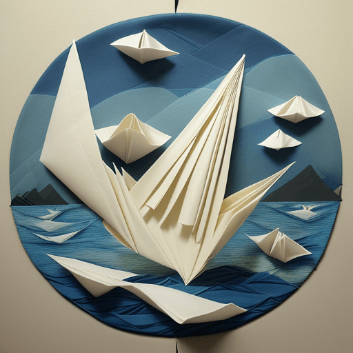 AI generated: 3D paperboat as Origami, paper quilting, background seascape painted on rice-paper in the style of U...