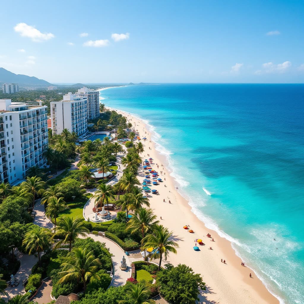 AI generated: An aerial view of a tropical seaside promenade with bright white apartment buildings surrounded by l...