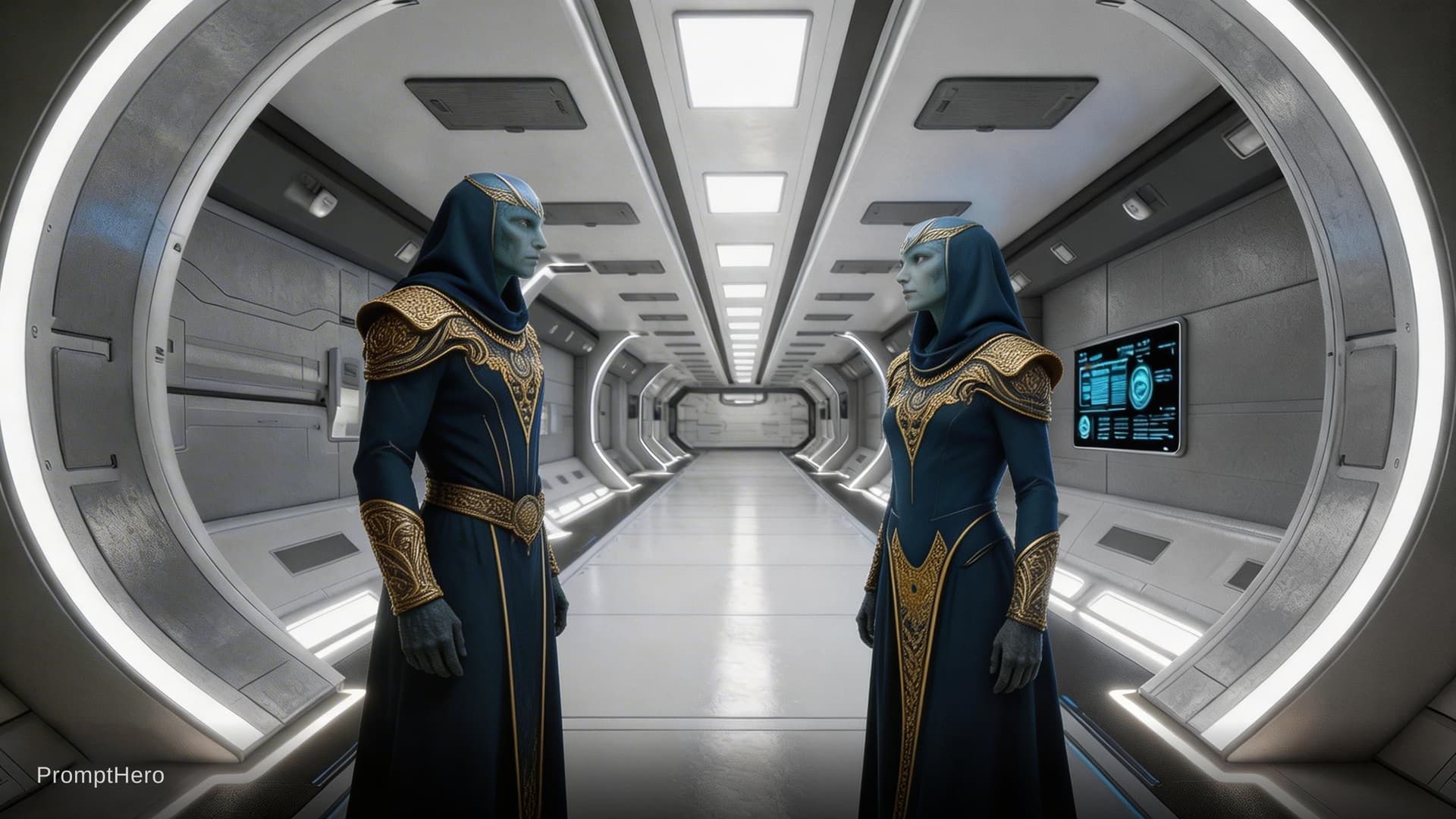 AI generated: Sci-Fi scene. Create a scene where the two characters are turnd to each other in conversation. Unrea...