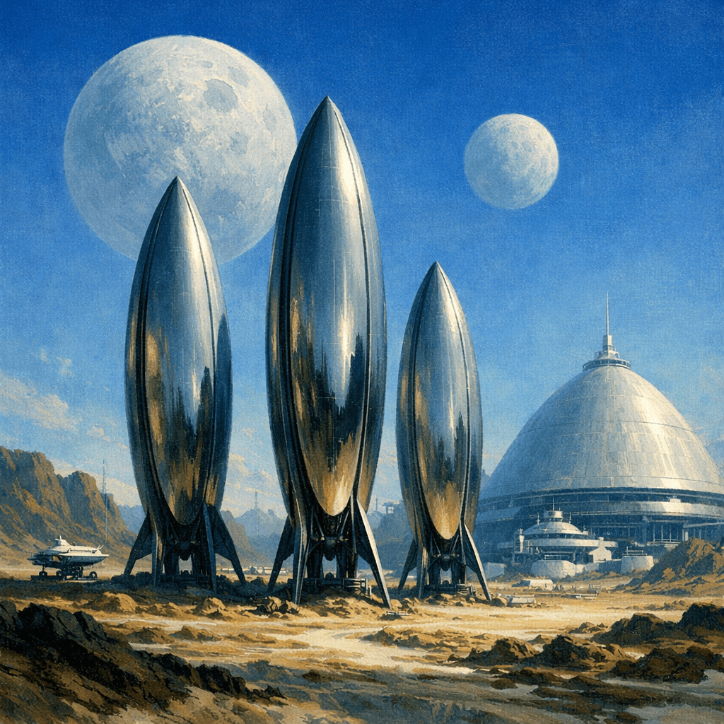 AI generated: A retrofuturistic scene of an alien planet with three large, sleek oval shaped structures standing t...