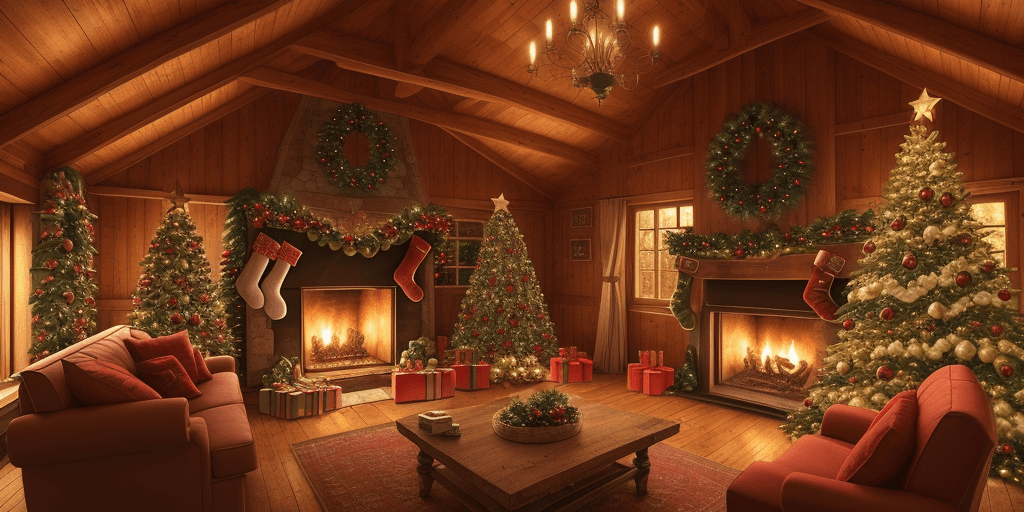 AI generated: fancy christmas background inside of a wooden house, with a fireplace and lights