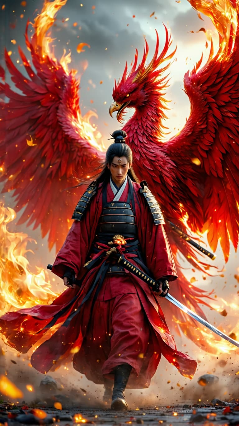 AI generated: An ultra-realistic, zoomed out, front facing, full-body portrait of a regal young Japanese samurai w...