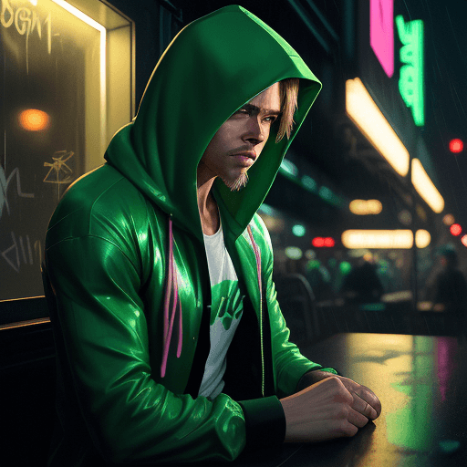 AI generated: martin ansin style, light green and light emerald green, brad pitt style full physical height, a han...