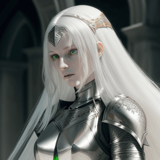 AI generated: Female knight, long white hair, pale skin, green eyes, symmetrical features, thin features, narrow f...