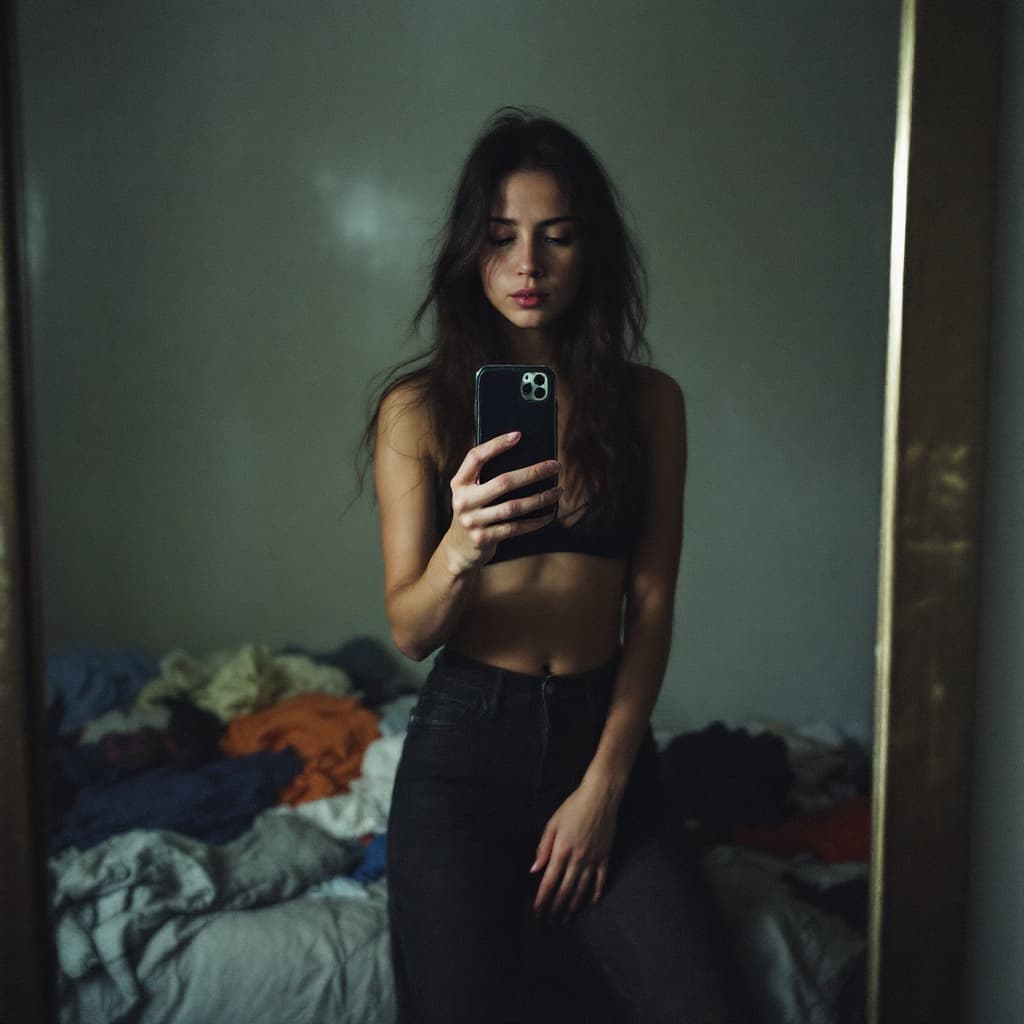 AI generated:  woman stands in front of a mirror, capturing a selfie. The image quality is grainy, with a slight b...