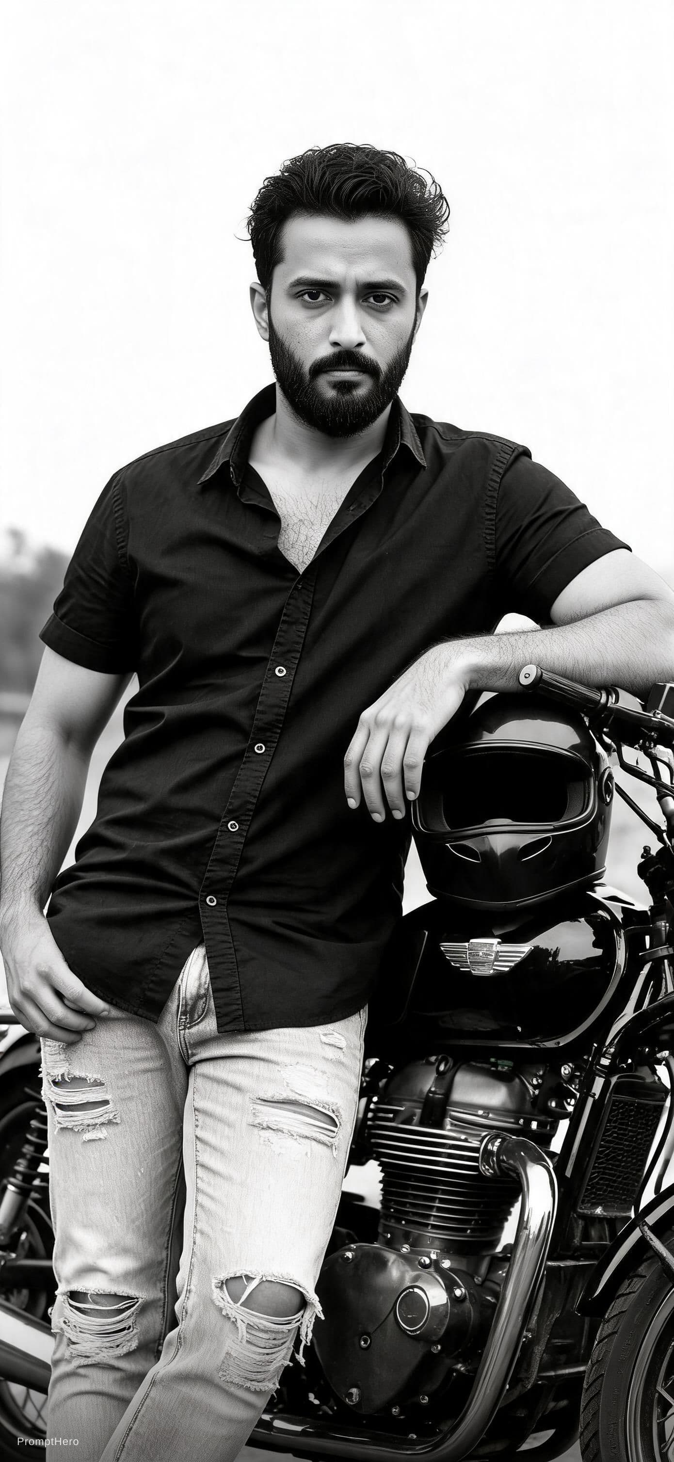 AI generated: A black and white, full-length portrait features a rugged man with a beard and short, tousled hair, ...