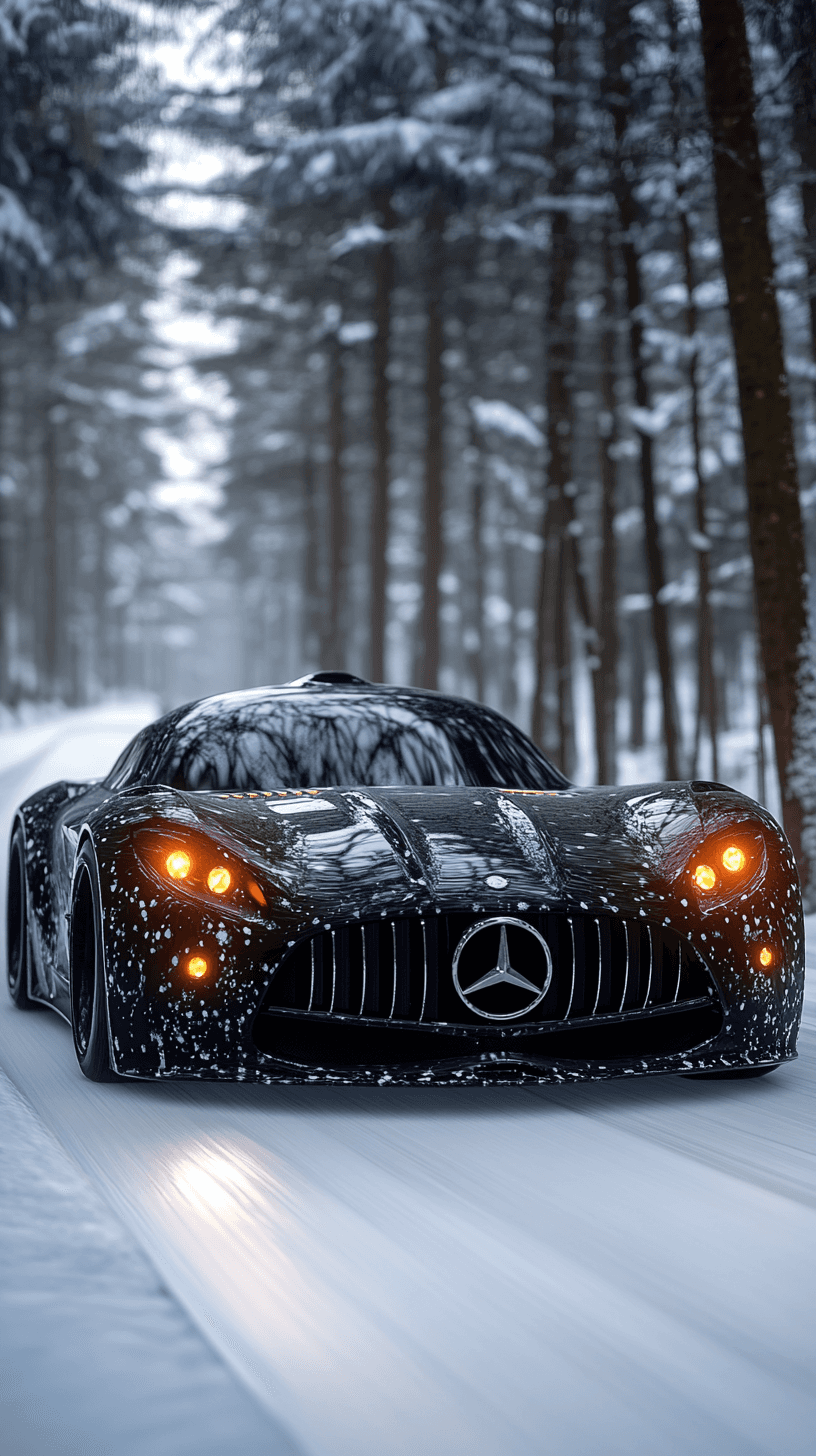 AI generated: hyper realistic luxury Mercedes driving sports black car on a snow highway