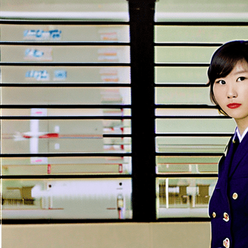 AI generated: Photo of a Korean woman in her 20s, her face is pale, shoulder length hair, wearing an airport unifo...