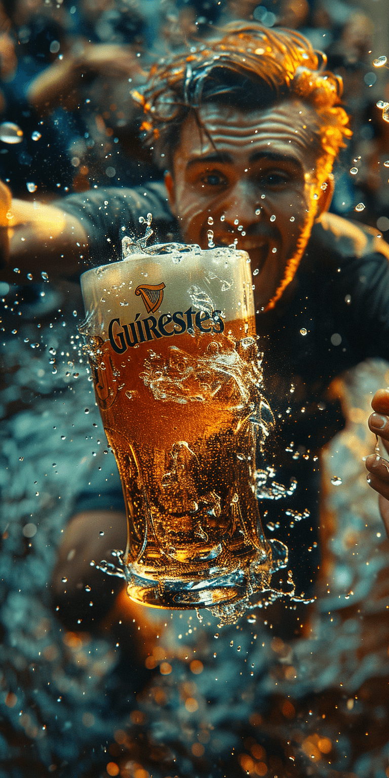 AI generated: A man diving into an oversized glass of lager, illustration in the style of Malika Favre --ar 1:2 --...