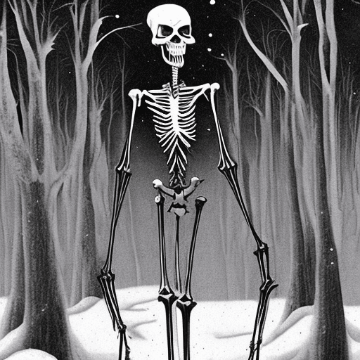 AI generated: Generate an image of a tall, skeletal figure with an emaciated body, towering in a dark, snow-covere...