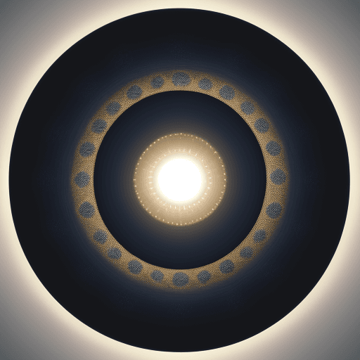 AI generated: Photo of a ultra realistic circle with dot in center that has torus effect, white and gold and indig...