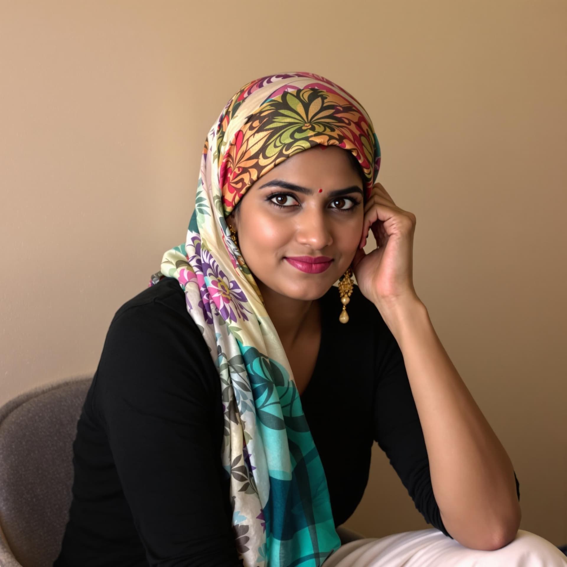 AI generated: The image features a Indian woman wearing an tosca scarf, which is wrapped around her head. She is s...