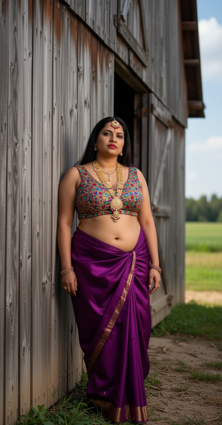 AI generated: An artistic full-length portrait of a fair, full-figured Indian wife standing near a rustic barn. Sh...