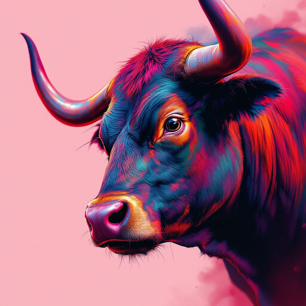 AI generated: series of a fighting bull with, modern portrait series of a nelore cattle in colorful wear, in the s...