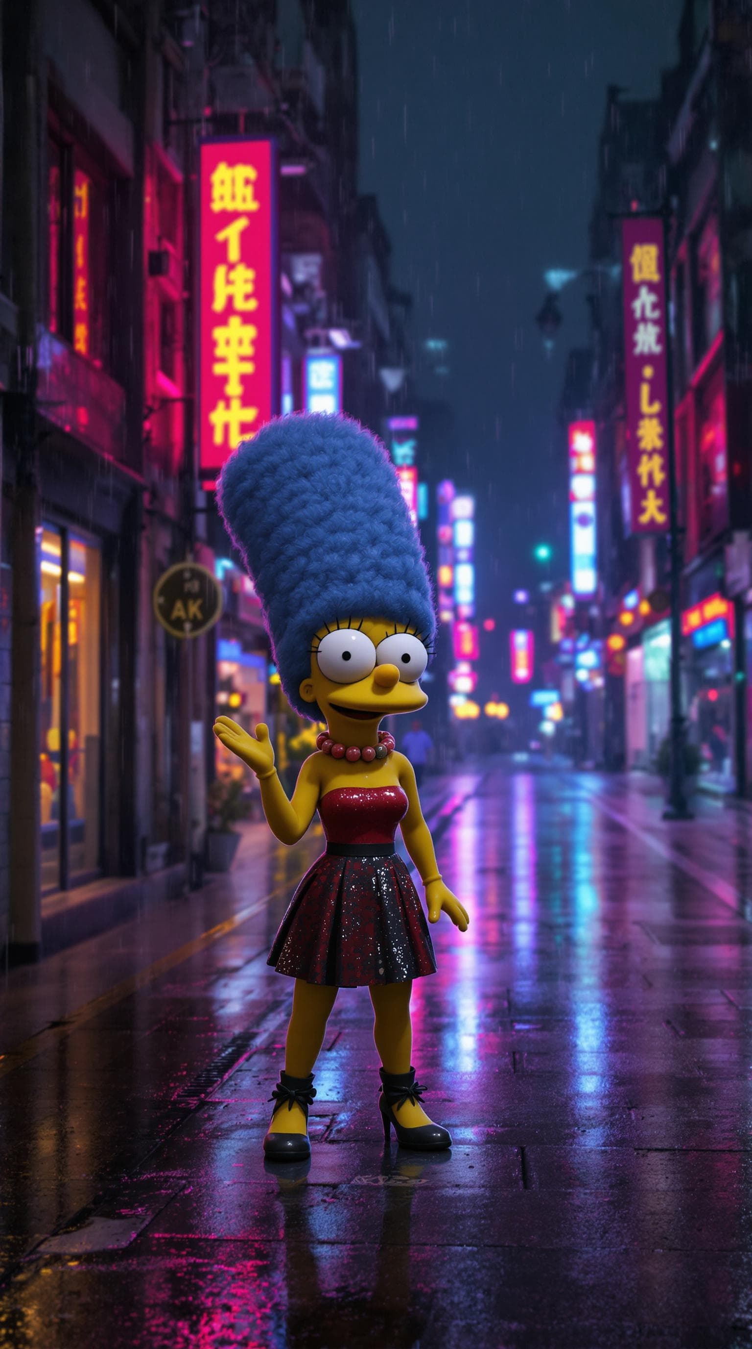 AI generated: 3d cartoon Marge Simpson Posing In dark rainy Dystopian city in the rain, on an empty street. Neon l...