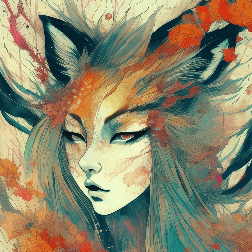 AI generated: Kitsune by Carne Griffiths, 

Charlie Bowater, 

woman - fox with 9 tails, 

background of mystic fo...