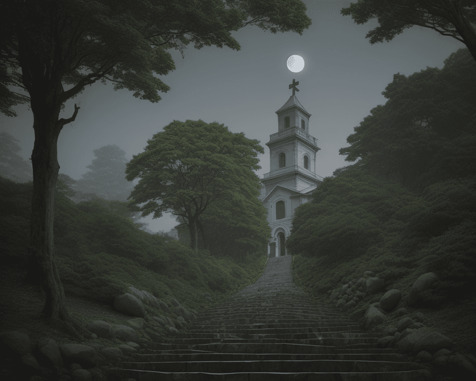 AI generated: rocky hill full of long green trees with stairs going up to the top where there is a wooden holy cro...