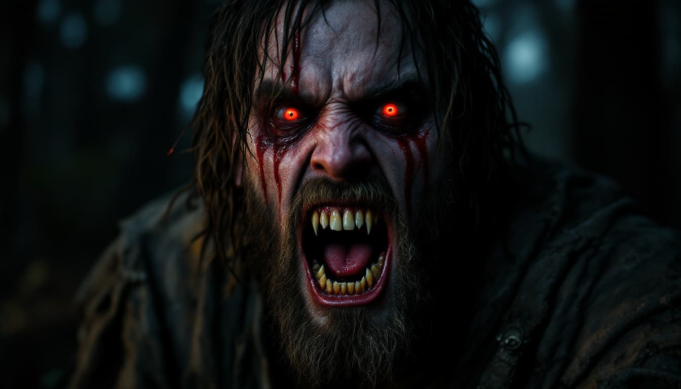 AI generated: Man with big sharp canine teeth, dirty medieval clothes, with red eyes crying in red tears, looking ...