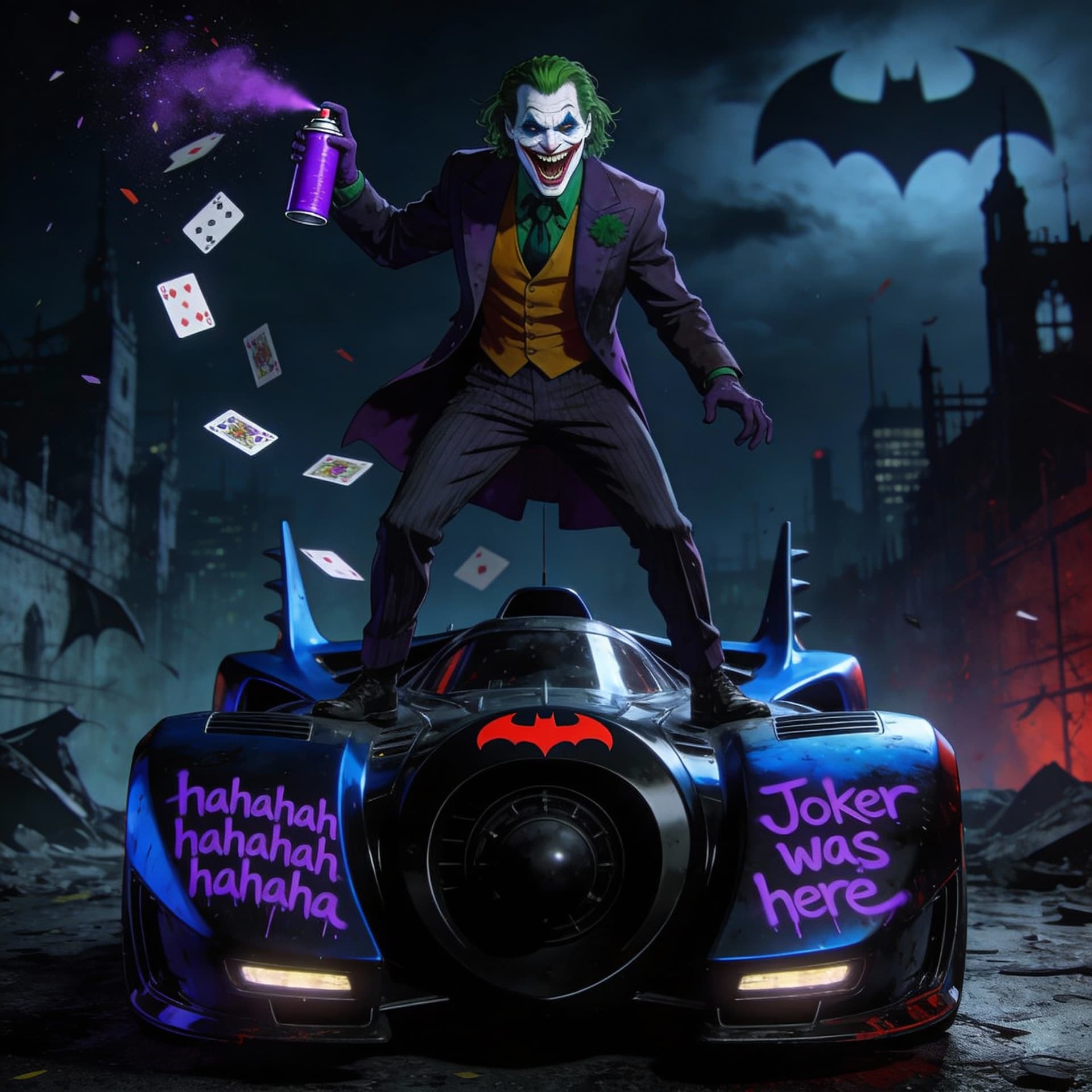 AI generated: The joker looking very sinister laughing hysterically is standing on the hood of a very sleek and da...