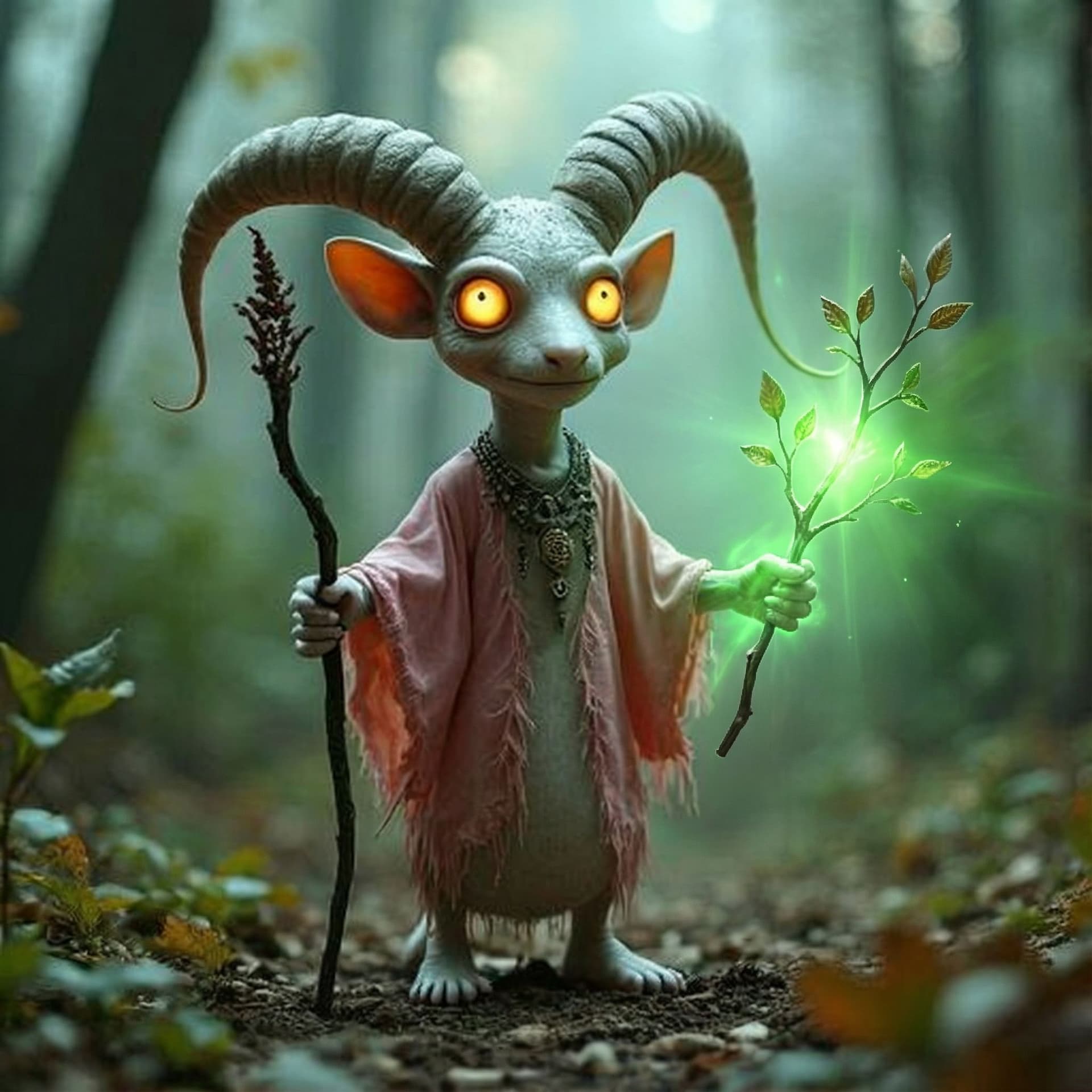 AI generated: A Hyperrealism mystical fantasy creature with large, curved ram-like horns, glowing INTENSE YELLOW B...