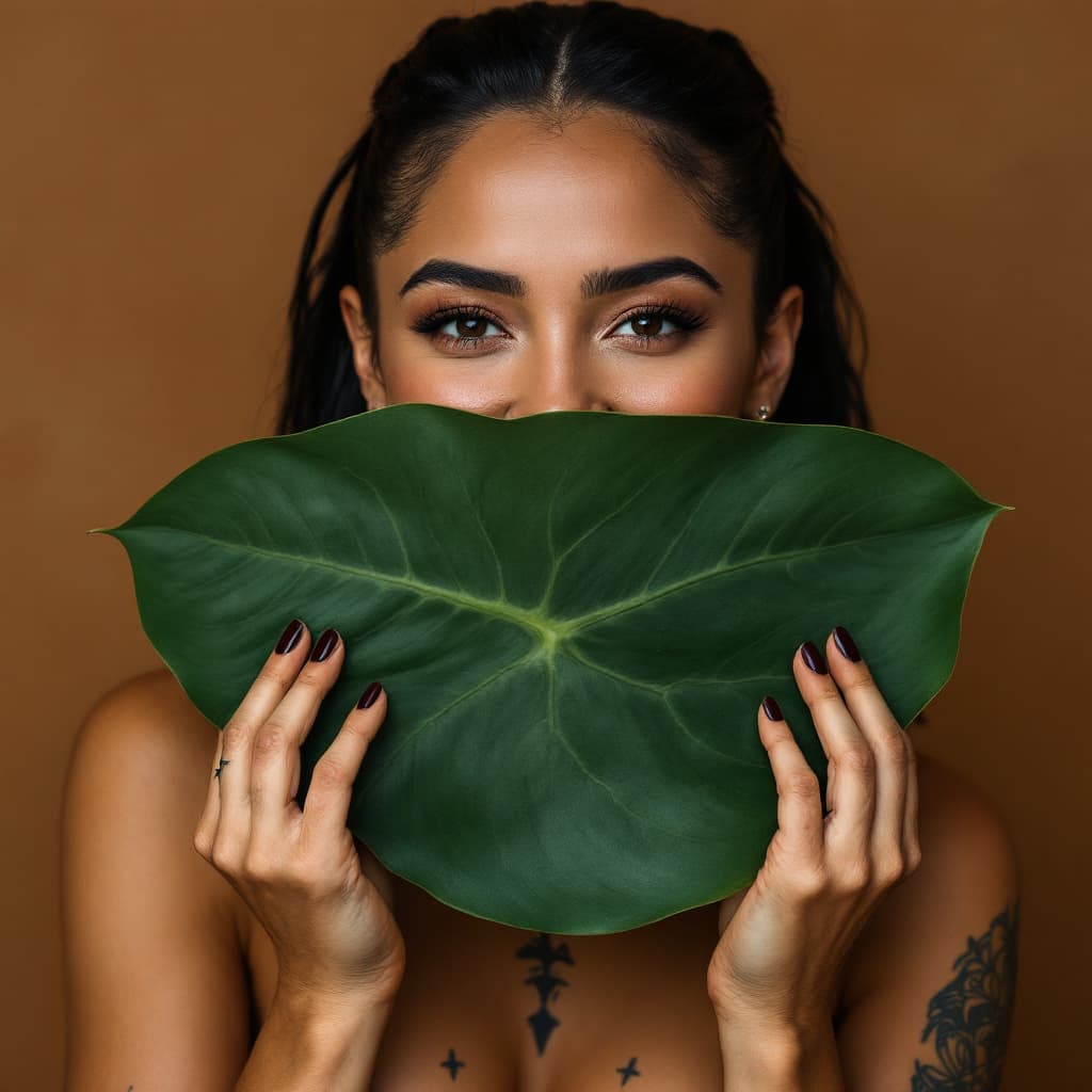 AI generated: Close-up portrait of a woman holding a large Monstera leaf horizontally in front of her face, comple...