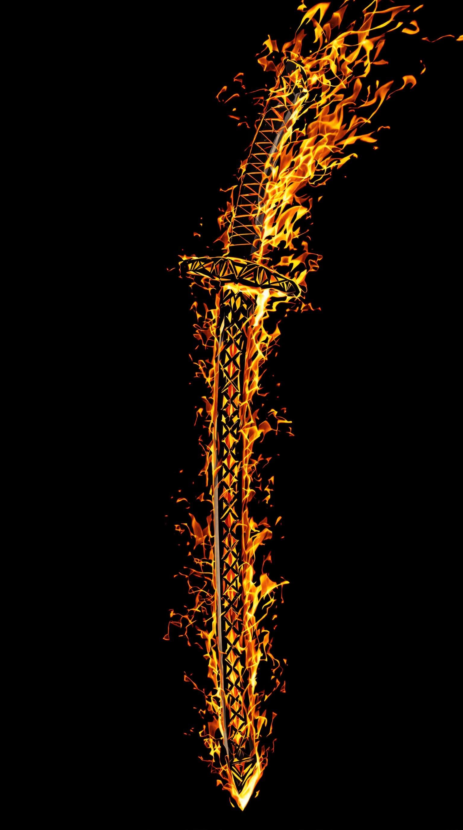 AI generated: A intricately designed black katana, blazing with fire effects. The blade is curved and unsheathed s...