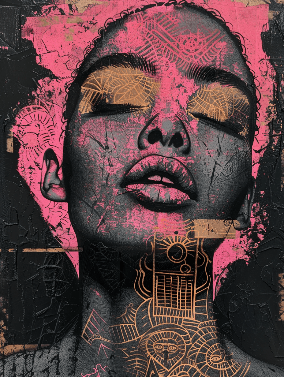 AI generated: portrait of a woman, body art, black, pink, white, abstraction, sculpted, shading, bold, detailed, f...