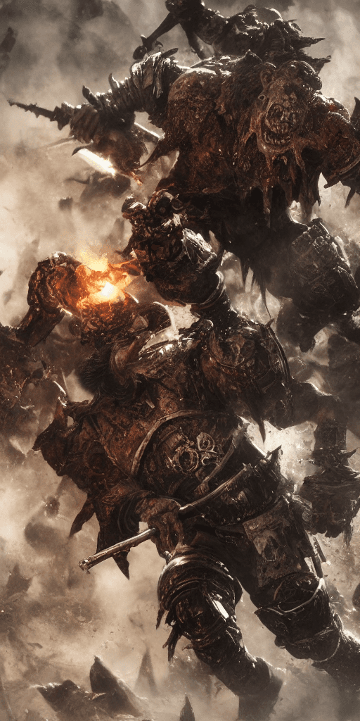 AI generated: very high detailed orc,photorealistic,warhammer 40000,weapon, in a battle scene,shiny,raytracing,pho...