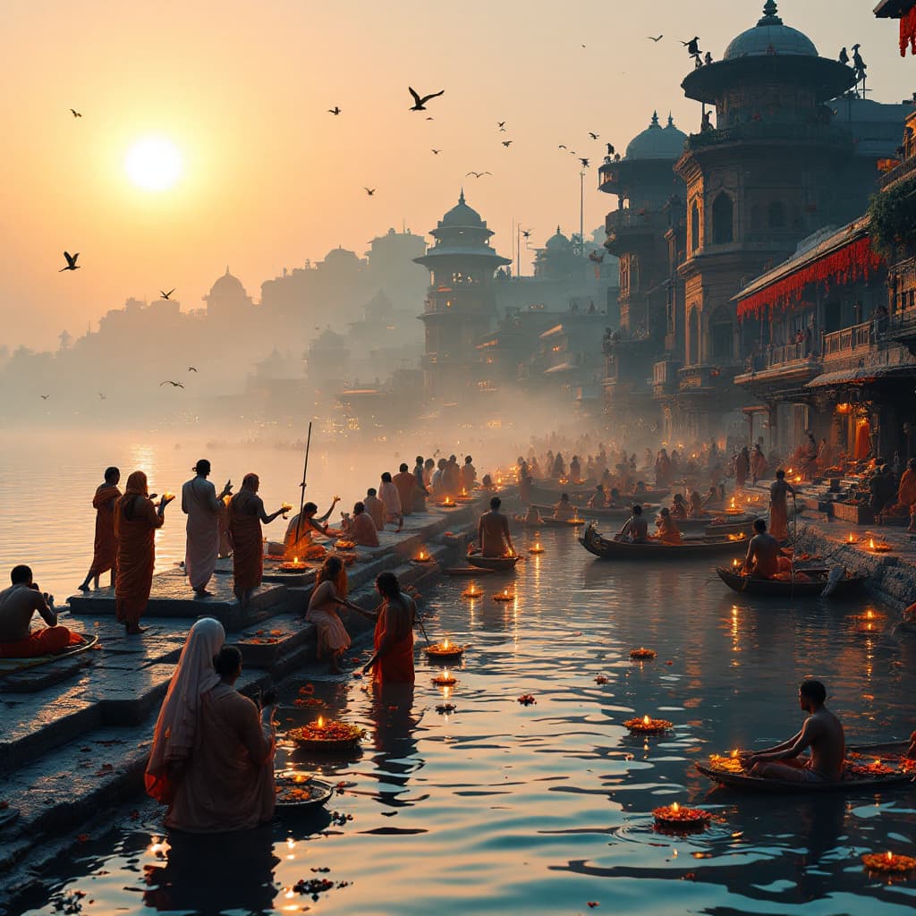 AI generated: A highly psychedelic, futuristic, surreal photo of the Ganges River in Varanasi at sunrise. The gold...