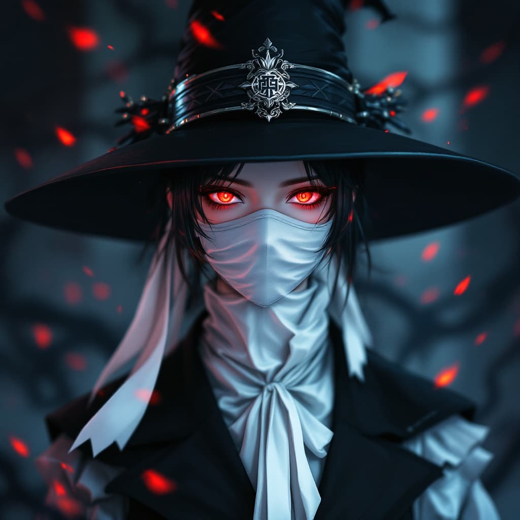 AI generated: an anime character with a white mask and a black hat (the whole face is covered with the mask), in t...