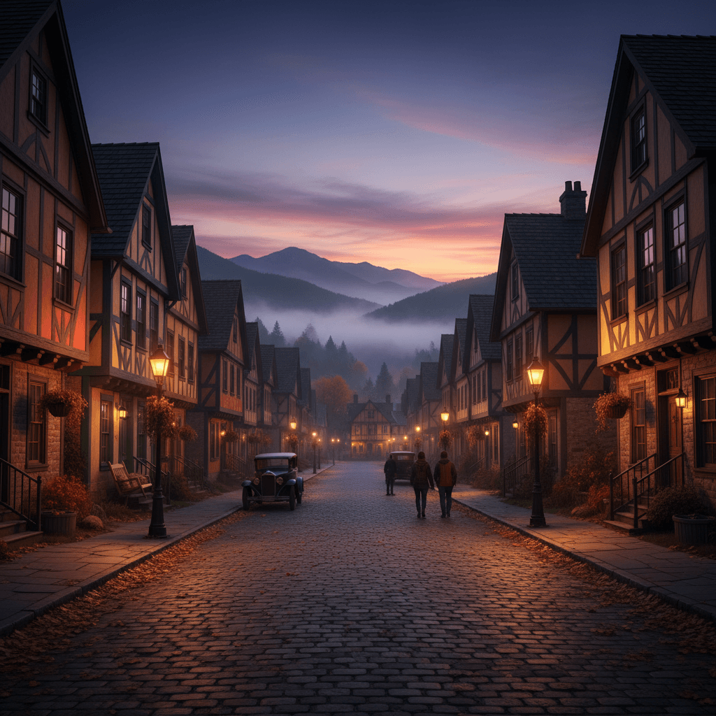 AI generated: A fall evening Street in an Historic Black American Village with Colorful Timber-Framed Houses and a...