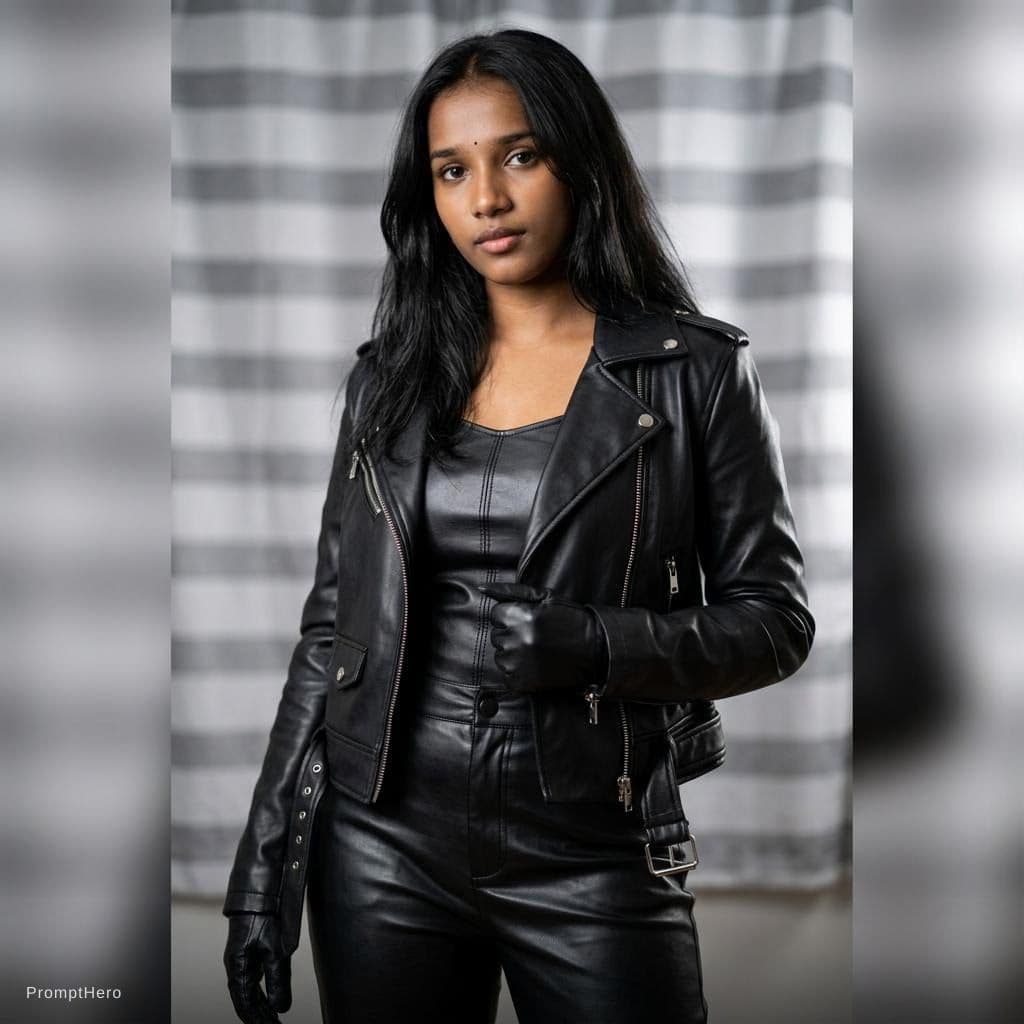 AI generated: Model in full leather outfit. Use Ref pictures for face & body type.