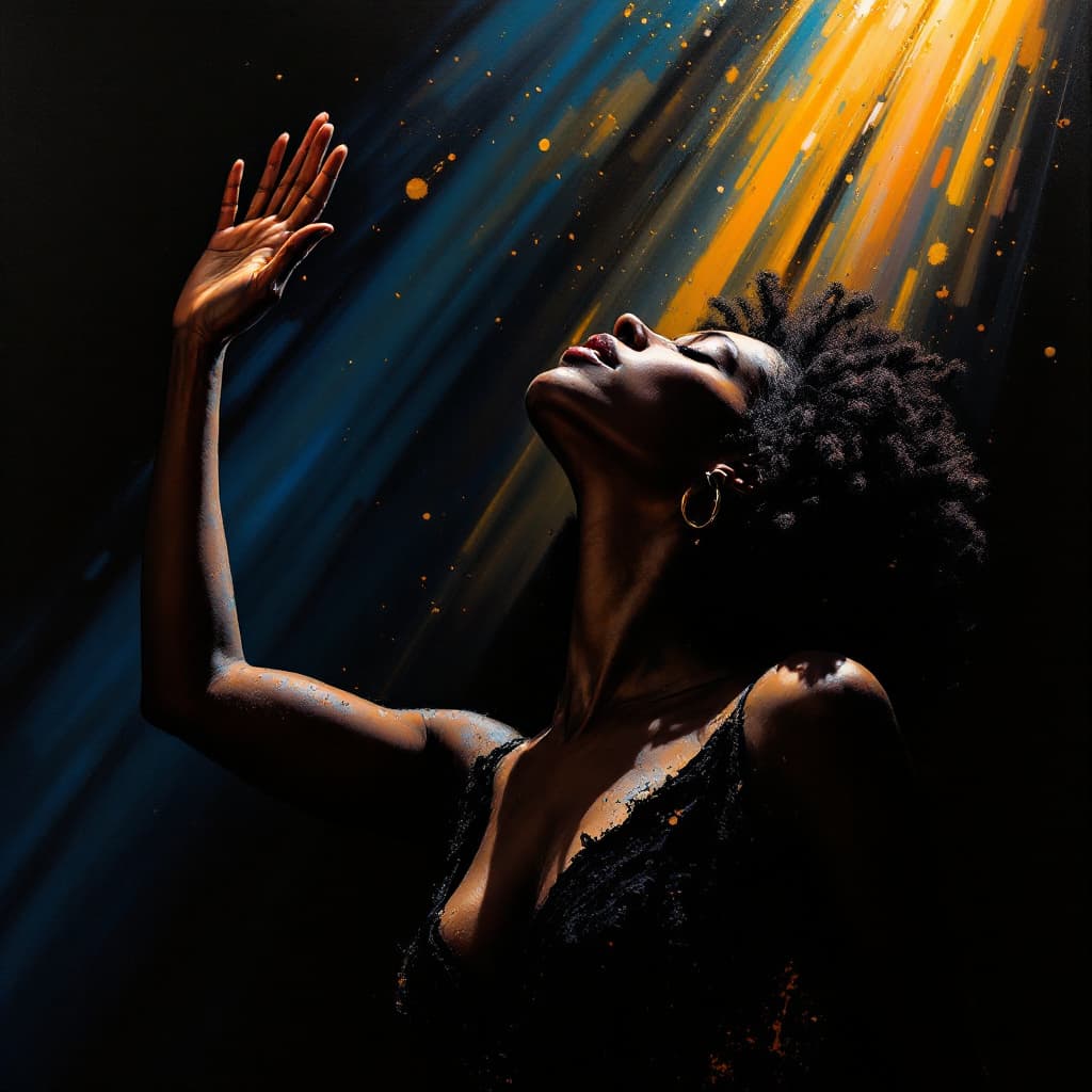 AI generated: A woman on afro hair, hands raised in veneration to the creator, head raised and bent slightly towar...