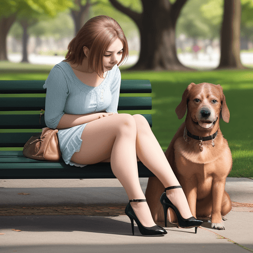 AI generated: a young lady sits on the bench in the park while her dog sits near her and licks her high heels shoe...