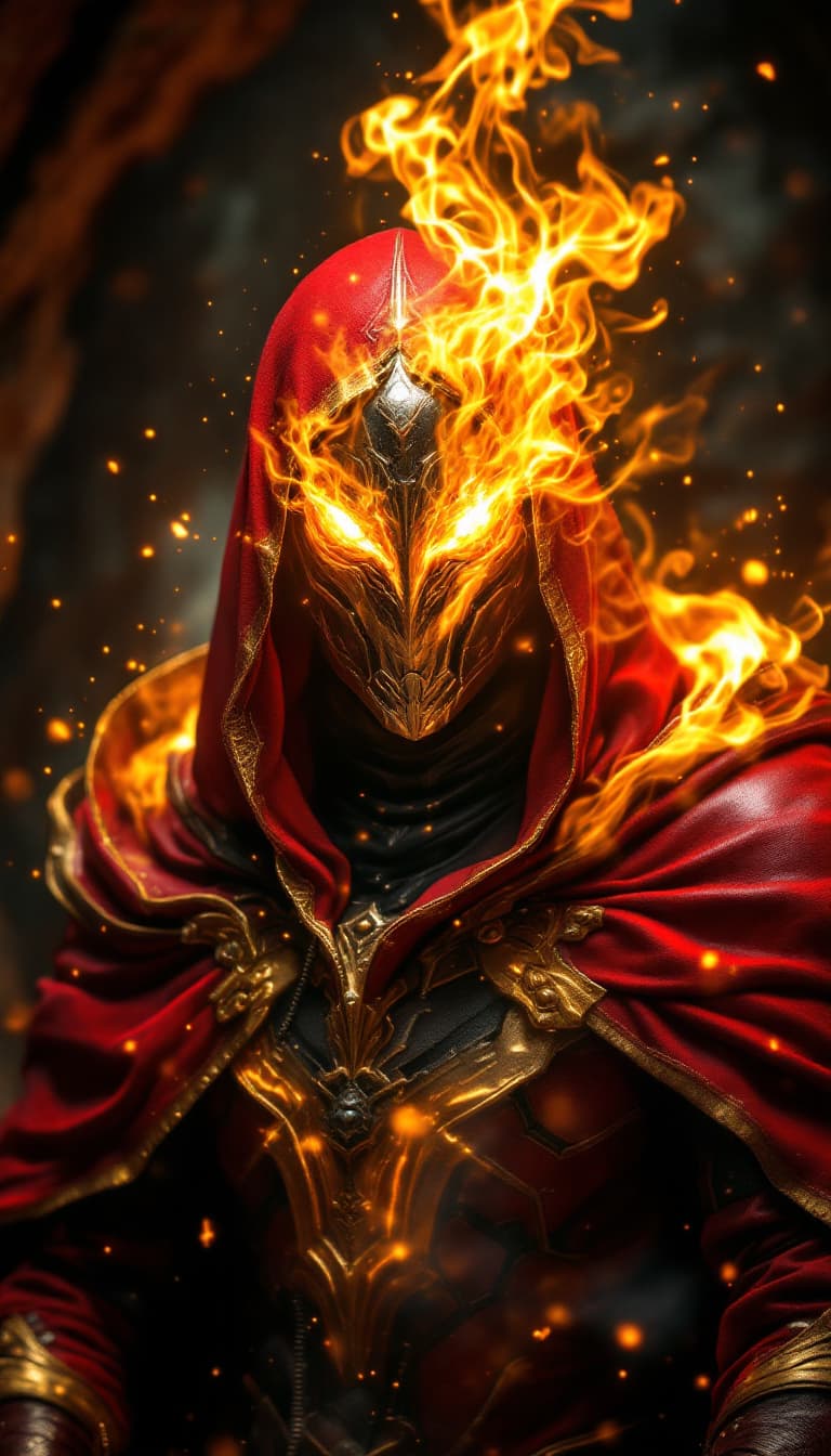 AI generated: Dark fantasy, shadow knights, (( red and gold plug suit, yellow smoke in plug suit)), (burning eyes:...