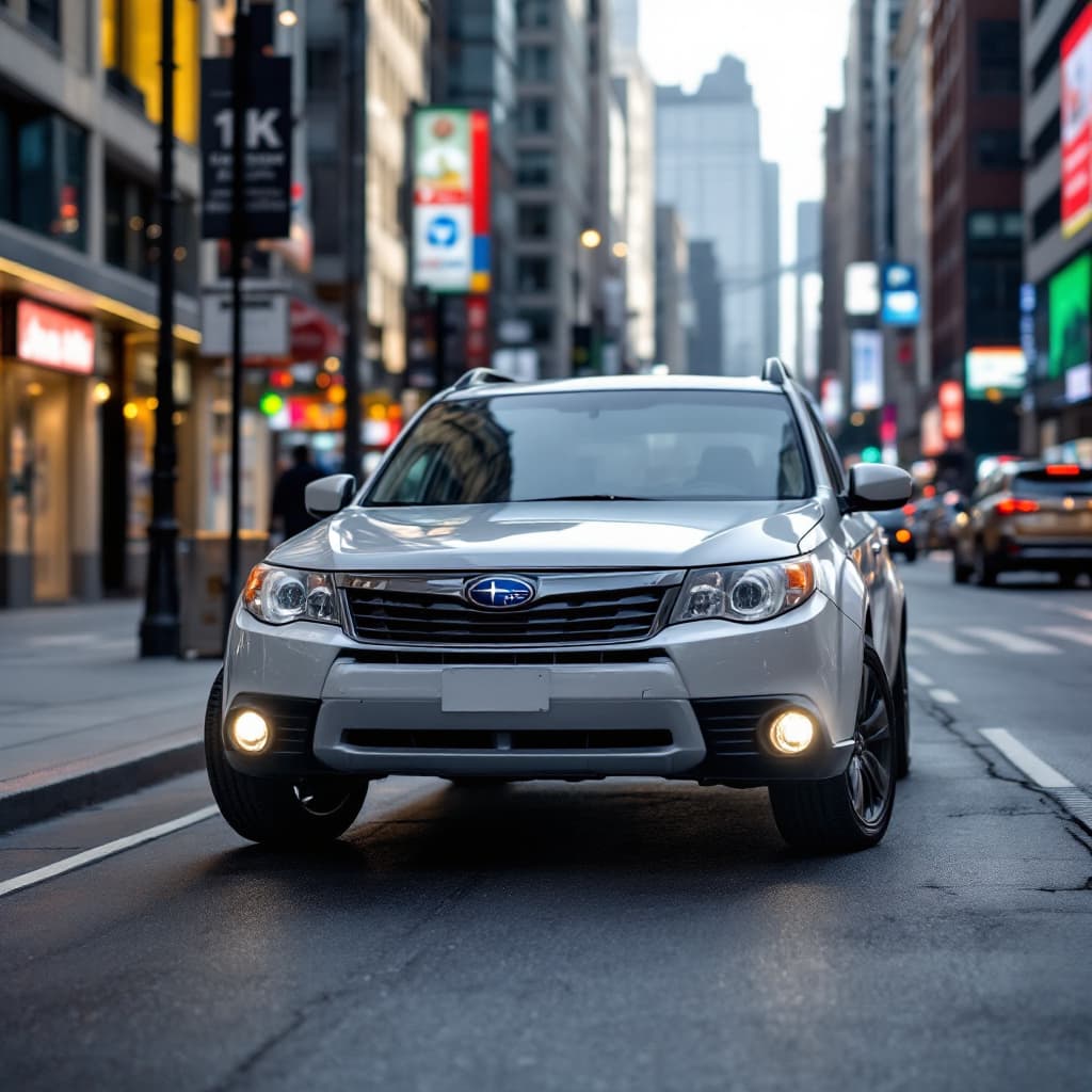 AI generated: a 4k detailed image of a Subaru forester 2010 model on streets of busy city, wide angle camera shot 