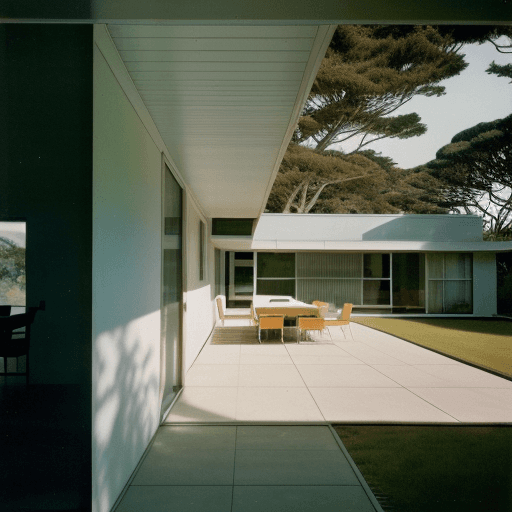 AI generated: Hyper realistic eye level exterior photo of a mid century modern style house overlooking the ocean, ...