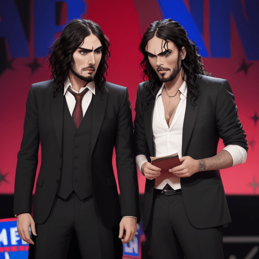 AI generated: A picture of Jordan Peterson as two face on a stage with Russell brand as Jesus Christ praying toget...