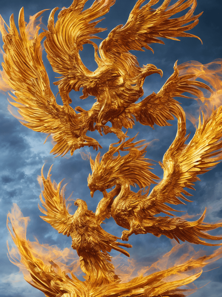 AI generated: A majestic phoenix with vibrant plumage, its fiery wings spread wide, golden feathers illuminating a...