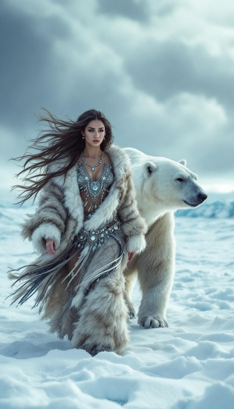 AI generated: A vast, snowy landscape with a polar bear walking alongside a woman. The woman is adorned in a fur-c...