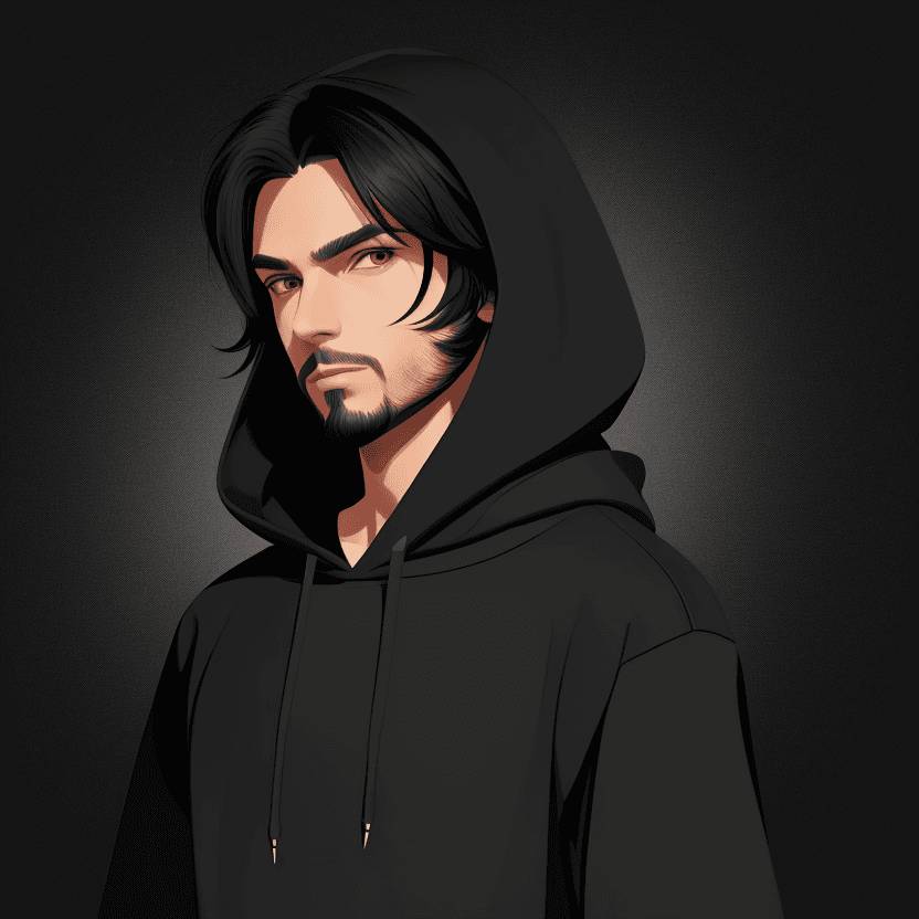 AI generated: Create 1 male character, solo, wearing Hoodie, small short beard, long straight black hair,  simple,...
