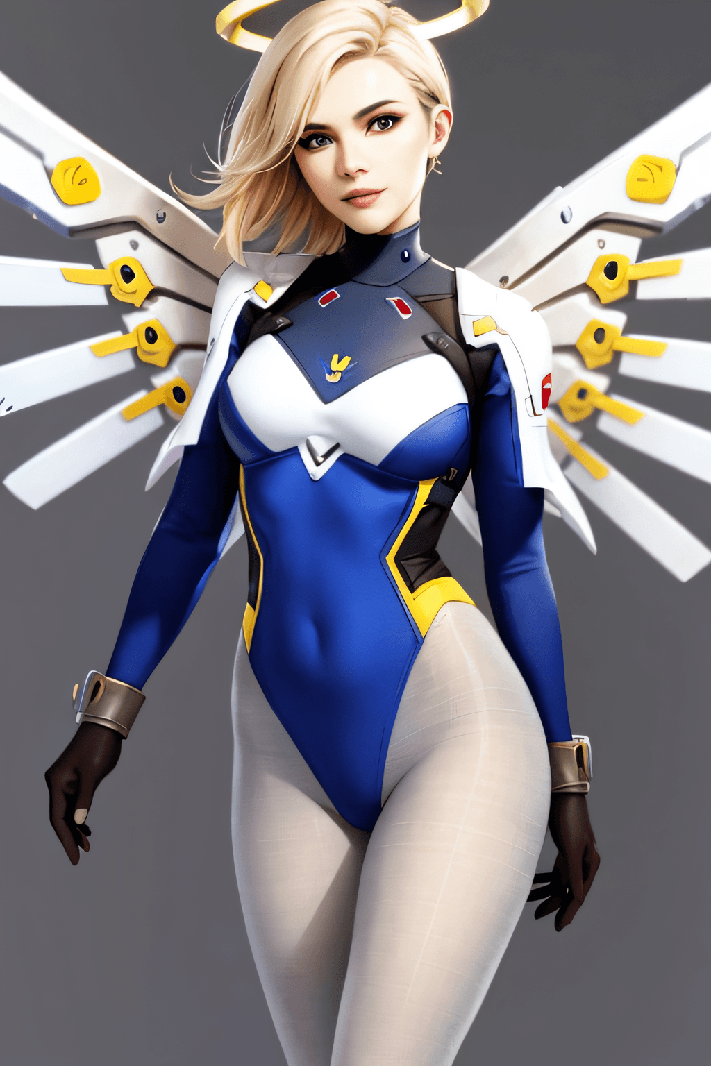 AI generated: masterpiece, best quality, 1girl, solo, smile,mercy (overwatch), mechanical halo, breasts, blue eyes...