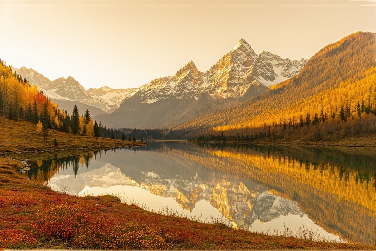 AI generated: "A highly realistic and ultra-detailed photograph of a serene mountain landscape during golden hour,...