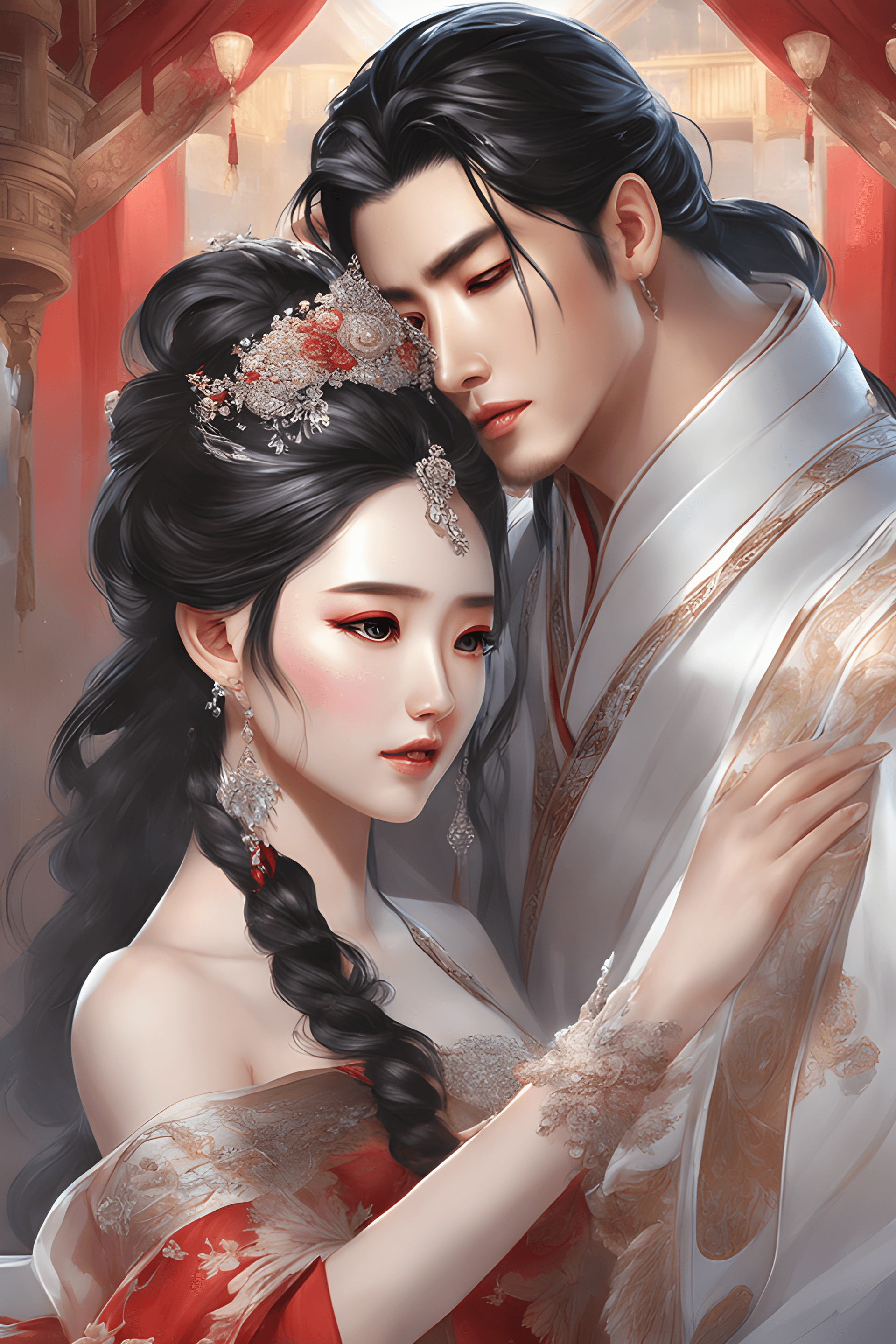 AI generated: Black-haired god, white mask woman, red wedding dress, crying, close-up figure painting, gorgeous Gu...