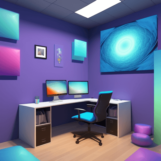 AI generated: Virtual 3 D corner resembling a digital art studio with floating canvases and image and video editin...