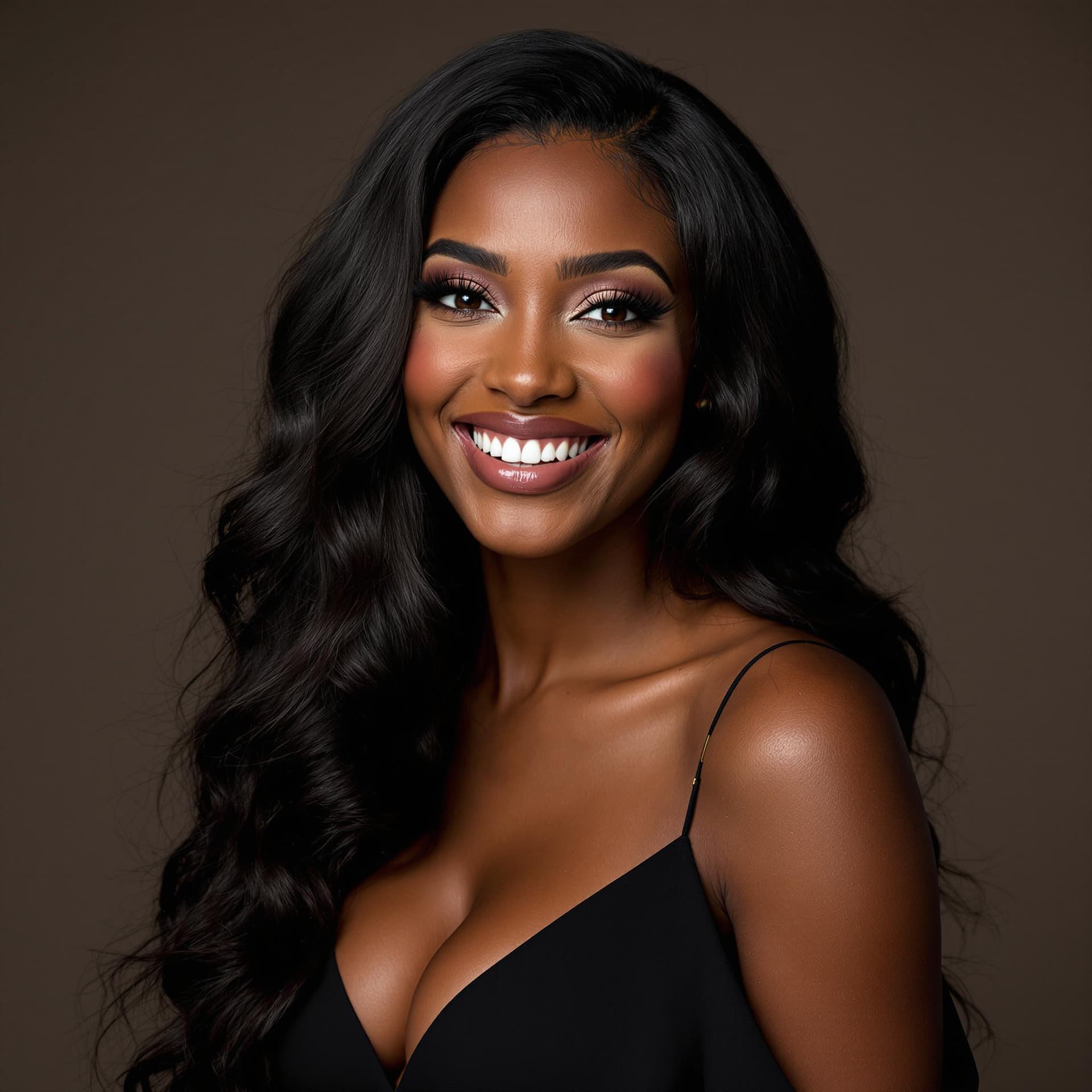 AI generated: A confident black woman smiling with her face directly to the viewer with long, wavy hair. She wears...