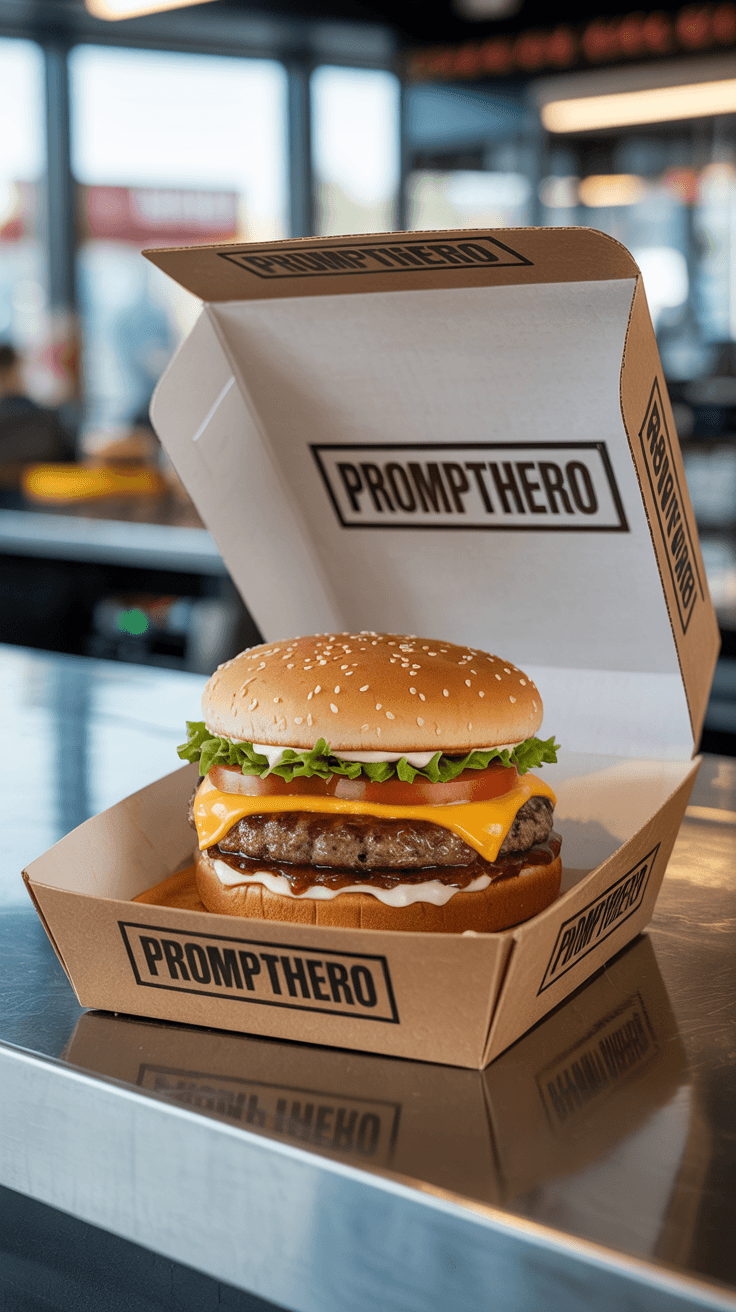 AI generated: Hyper-realistic hamburger in an open branded box, placed on a clean fast-food counter. The burger lo...
