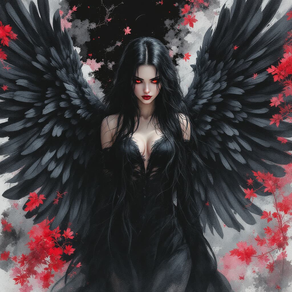 AI generated: A mesmerizing 8K watercolor portrait of Nadja, a mysterious woman, who captivates with her dark fant...